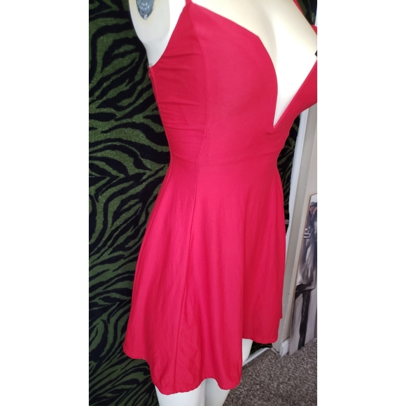 Mini red low cut lace up back skater dress - Picture 3 of 7